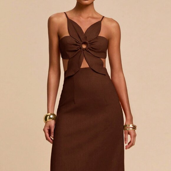 Brown Casual Women's Petal Backless Strap Dress - Picture 5 of 6